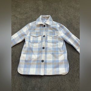 Medium, purple-blue/white/yellow, waist length coat